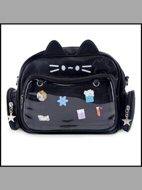Cat Ita Bag PU Leather Shoulder Bag Transparent Window Pin Display Crossbody